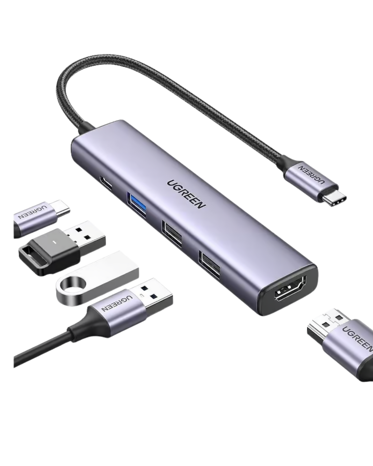 UGREEN 15495 USB-C Hub — 1× HDMI, 1× USB-A 3.0, 2× USB-A 2.0, and 1× USB-C PD power port. Supports 4K@30Hz HDMI. (5-in-1)