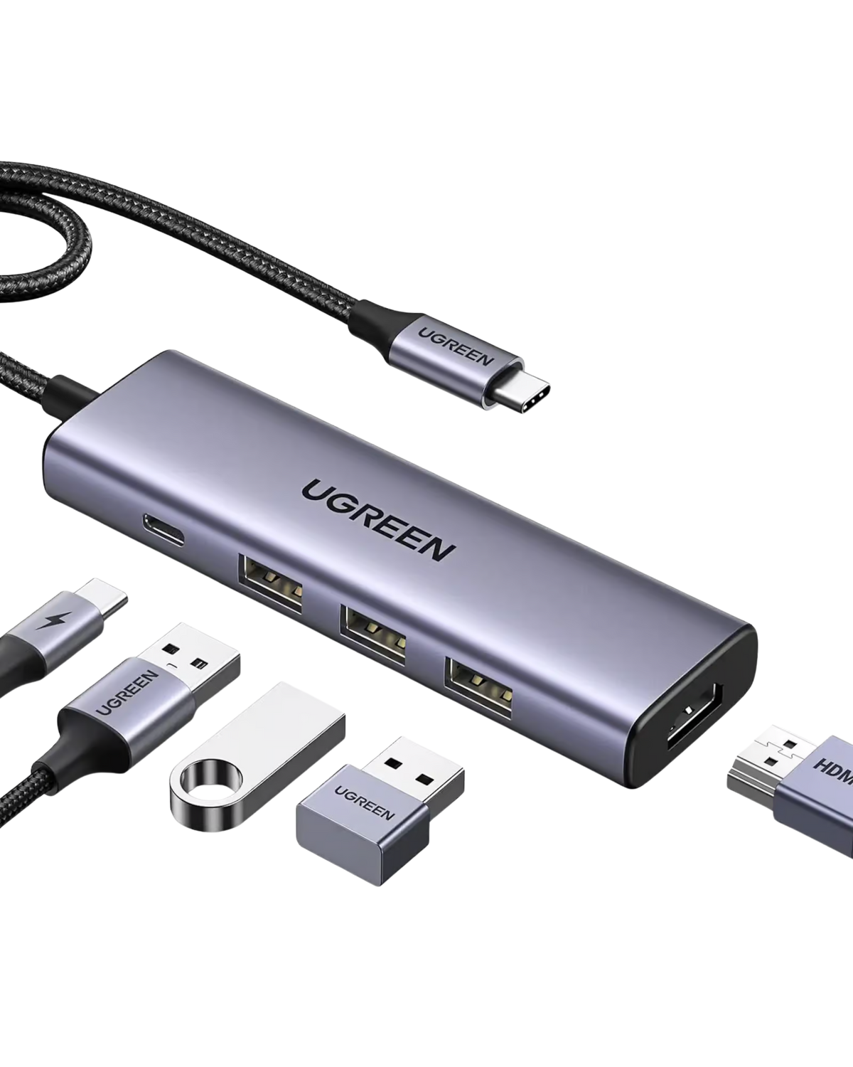 UGREEN 15596 USB-C Multiport Adapter — 1× HDMI, 3× USB-A 3.0, and 1× USB-C PD power port. Supports 4K@30Hz HDMI, (5-in-1)