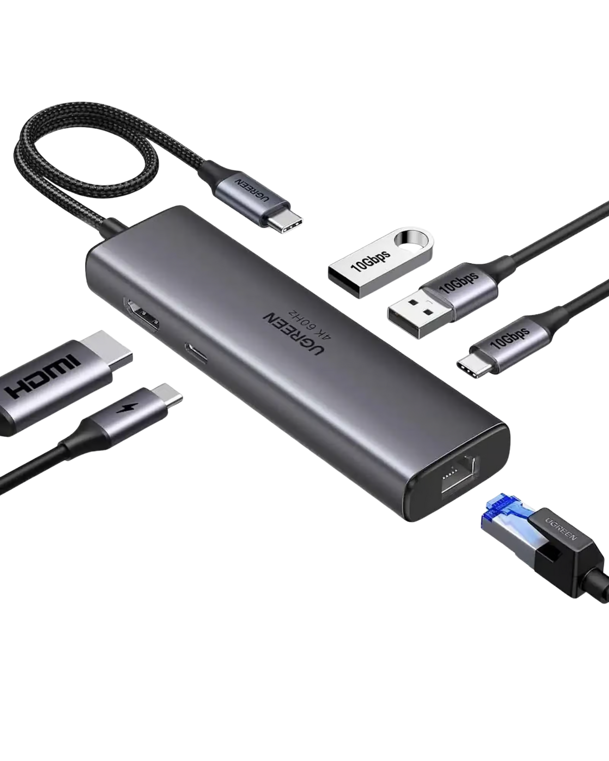 UGREEN 45000 USB-C Hub — 1× HDMI, 2× USB-A 3.2, 1× USB-C 3.2, 1× RJ45 Gigabit Ethernet, and 1× USB-C PD power port. Supports 4K@60Hz HDMI. (6-in-1)
