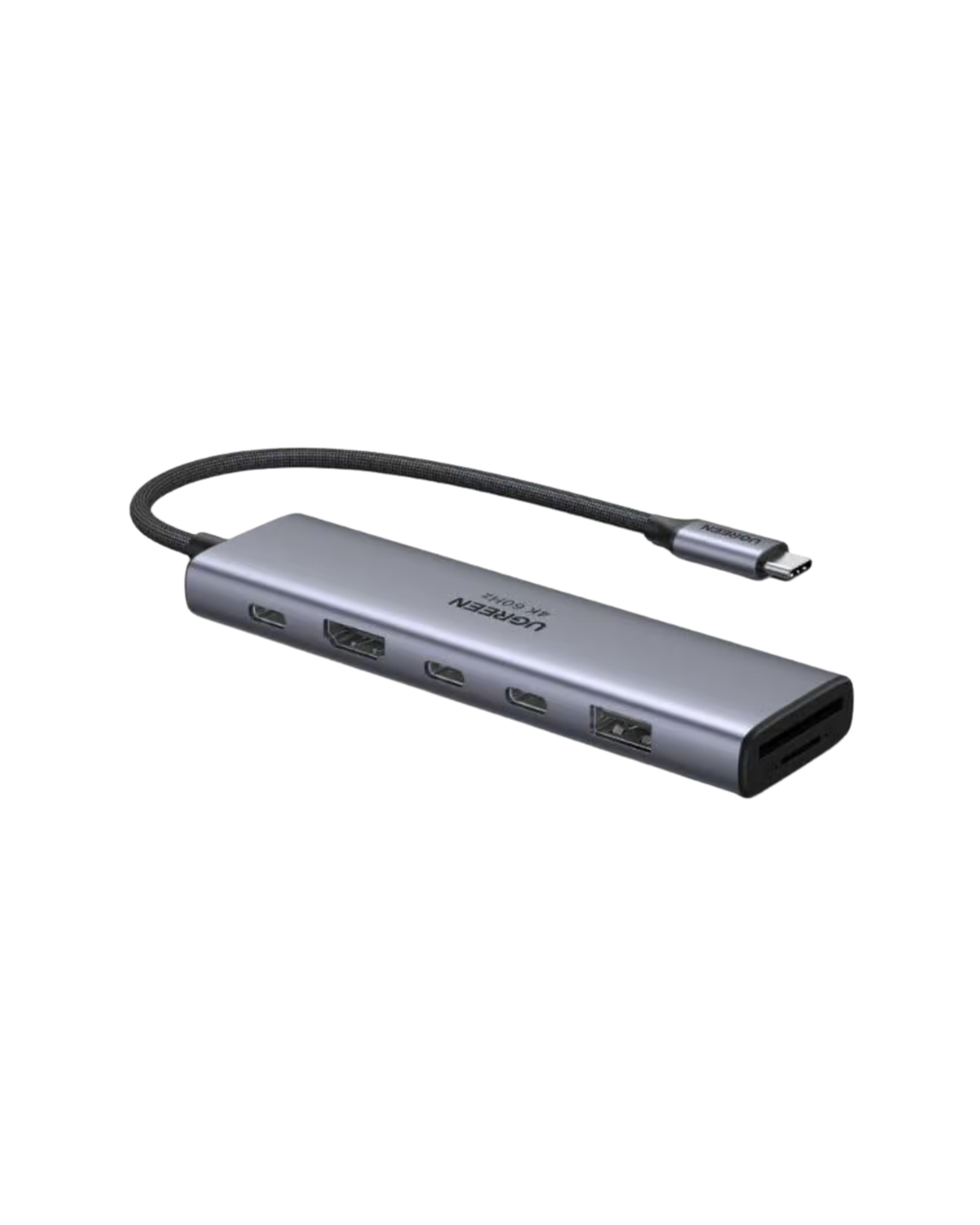 UGREEN 45521 USB-C Multifunctional Adapter — 1× HDMI, 2× USB-C 3.2, 1× USB-A 3.2, 1× SD card slot, 1× TF (MicroSD) card slot, and 1× USB-C PD power port. Supports 4K@60Hz HDMI. (7-in-1)