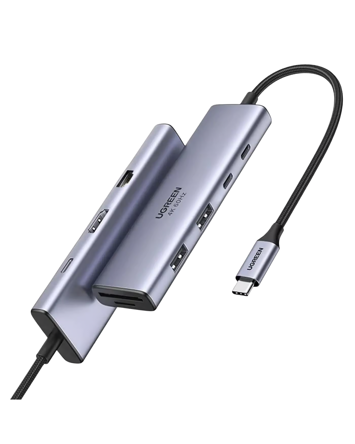 UGREEN 15375 USB-C Multi-function Dock — 1× HDMI, 2× USB-A 3.0, 2× USB-C 3.0, 1× RJ45 Gigabit Ethernet, 1× SD card slot, 1× TF (MicroSD) card slot, and 1× USB-C PD power port. Supports 4K@60Hz HDMI. (9-in-1)