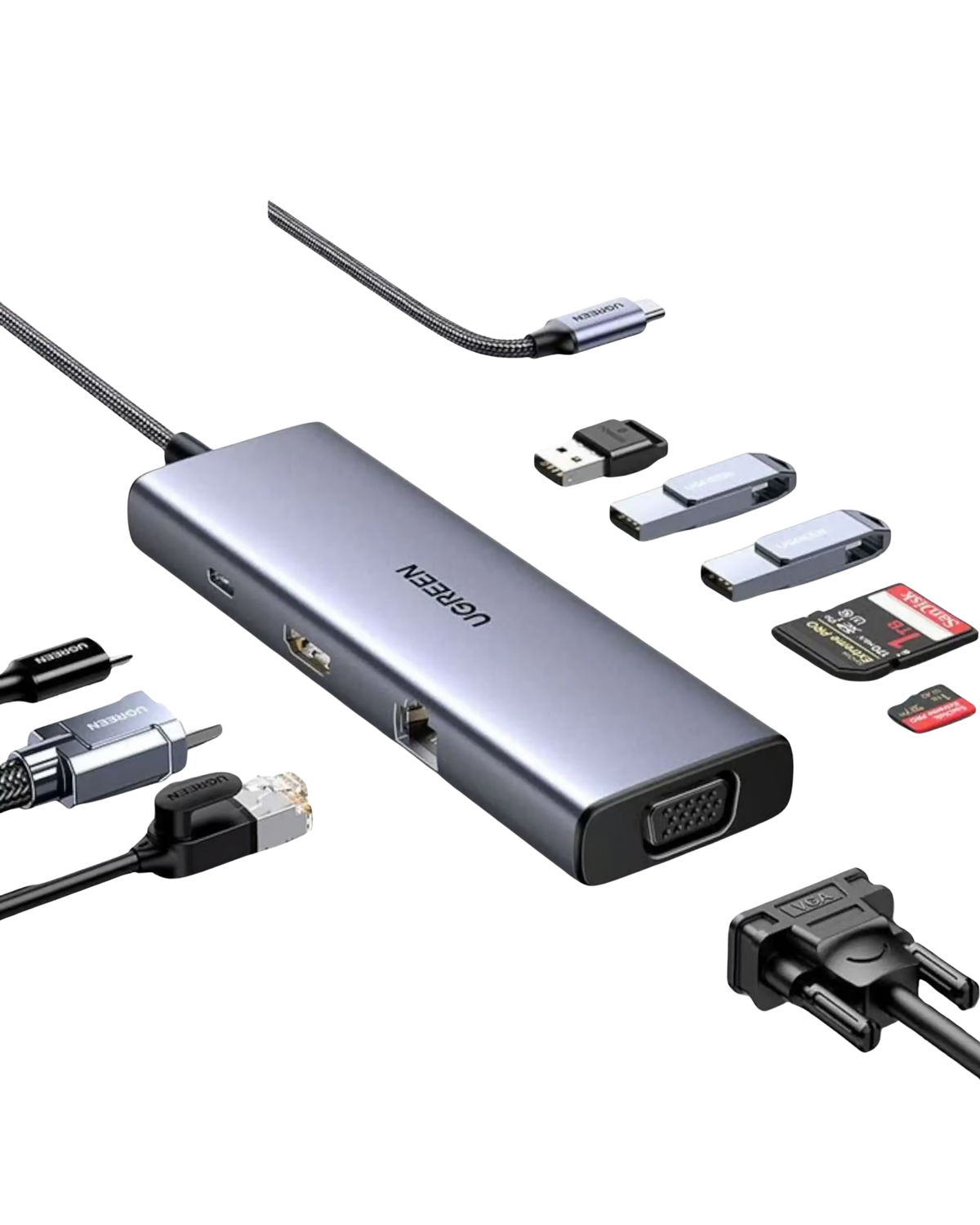 UGREEN 15600 USB-C Multifunctional Docking Station — 1× HDMI, 1× VGA, 3× USB-A 3.0, 1× RJ45 Gigabit Ethernet, 1× SD card slot, 1× TF (MicroSD) card slot, and 1× USB-C PD power port. Supports 4K HDMI. (9-in-1)