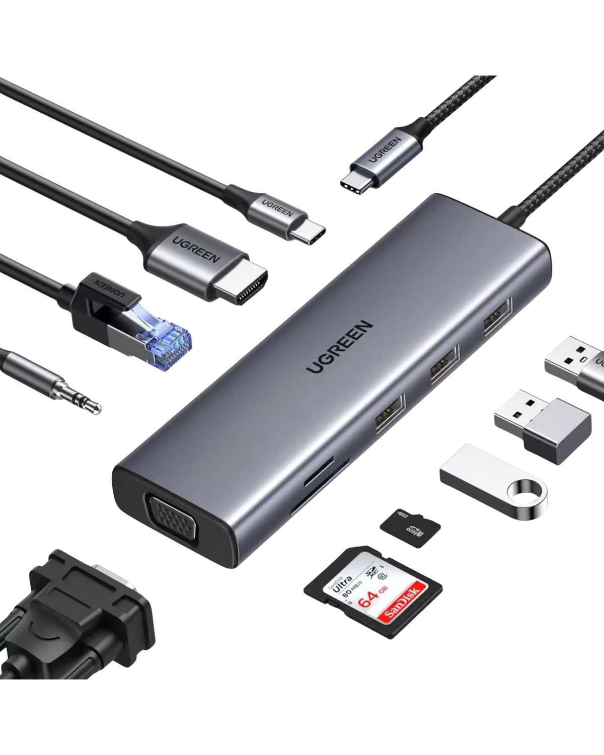 UGREEN 15601 USB-C Multifunctional Adapter — 1× HDMI, 1× VGA, 3× USB-A 3.0, 1× RJ45 Gigabit Ethernet, 1× SD card slot, 1× TF (MicroSD) card slot, 1× 3.5mm audio jack, and 1× USB-C PD power port. Supports 4K@30Hz HDMI. (10-in-1)