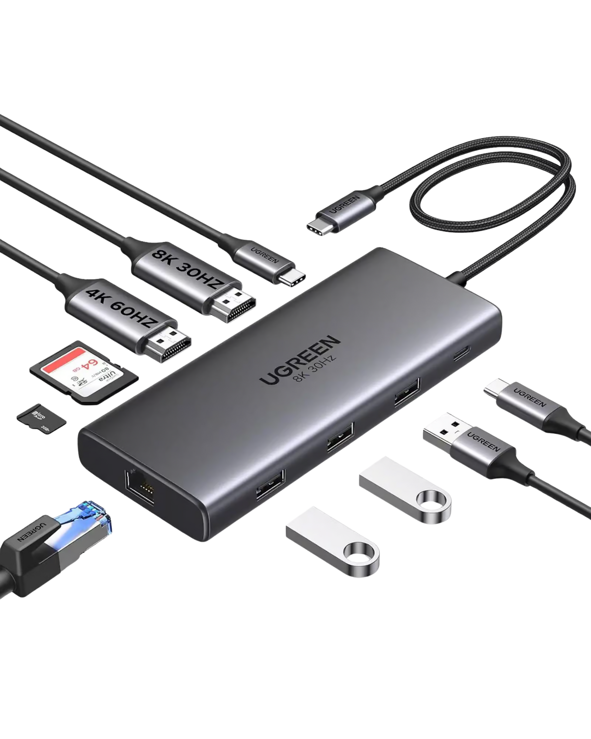 UGREEN 15534 USB-C Docking Station — 2× HDMI, 1× USB-C 5Gbps, 1× USB-A 3.0 5Gbps, 2× USB-A 2.0, 1× RJ45 Gigabit Ethernet, 1× SD card slot, 1× TF (MicroSD) card slot, and 1× USB-C PD power port. Supports Dual 4K@60Hz / Single 8K@30Hz. (10-in-1)