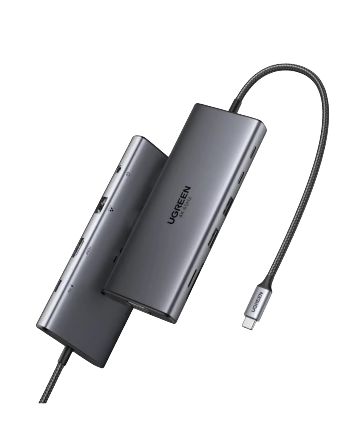 UGREEN 45520 USB-C Docking Station — 1× HDMI, 1× VGA, 2× USB-C 10Gbps, 1× USB-A 10Gbps, 1× USB-A 5Gbps, 1× RJ45 Gigabit Ethernet, 1× SD card slot, 1× TF (MicroSD) card slot, 1× 3.5mm audio jack, and 1× USB-C PD power port. Supports 4K@60Hz HDMI. (11-in-1)