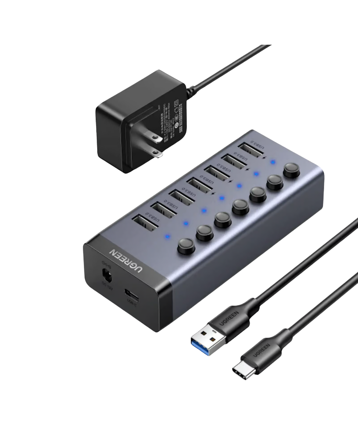UGREEN 90307 USB-C Hub — 7× USB-A 3.0 ports, with up to 5Gbps data transfer speed, 4× ports supporting BC 1.2 smart charging, individual on/off switches. EU (7-in-1)
