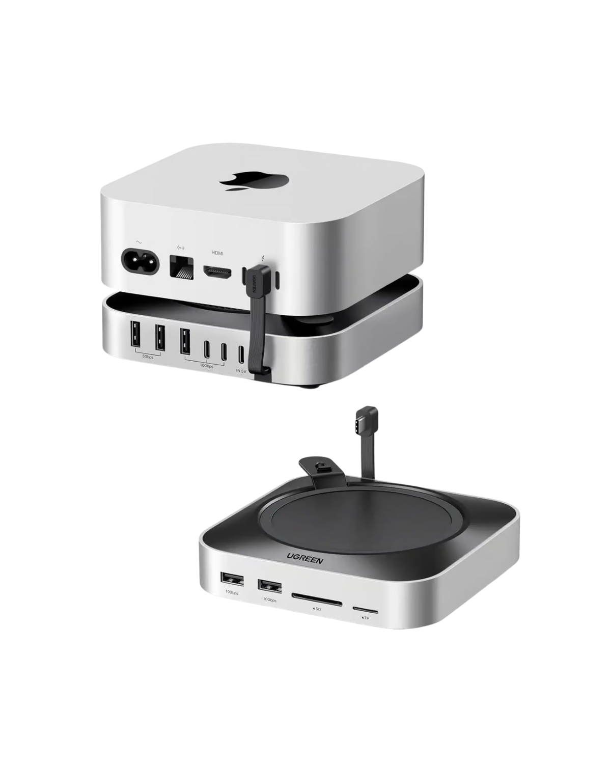 UGREEN 65487 Mac mini M4 Docking Station — 2× USB-C 10Gbps, 3× USB-A 10Gbps, 2× USB-A 5Gbps, 1× SD card slot, 1× TF (MicroSD) card slot, 1× M.2 NVMe SSD enclosure, and 1× USB-C power input. Supports up to 10Gbps data transfer. (11-in-1)
