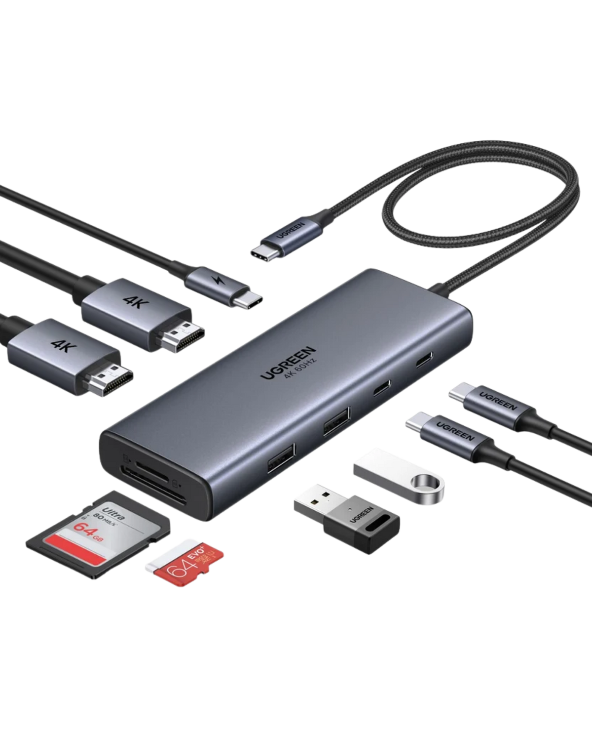 UGREEN 85774 USB-C Dual HDMI Docking Station — 2× HDMI, 2× USB-C, 1× USB-A 3.0, 1× USB-A 2.0, 1× SD card slot, 1× TF (MicroSD) card slot, and 1× USB-C PD power port. Supports Dual 4K@60Hz HDMI. (9-in-1)